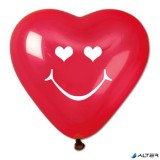 . Léggömb, 40 cm, szív alakú, smiley, piros