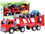 Lendkerekes Nagy-méretű Kamion Trailerrel-2 db. Autóval-Rámpával-Hang és Fényeffektusokkal-Piros