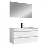 Leziter Cube Fürdőszobabútor 100 cm kerámia mosdóval (2 fiókos) tükörrel 60x100 cm magasfényű festett fehér