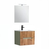 Leziter Trent Fürdőszobabútor 60 cm kerámia mosdóval (2 fiókos) tükörrel 60x80 cm olivazöld-sunset tölgy