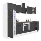 Leziter Yorki 270 konyhabútor fehér korpusz,selyemfényű antracit front alsó sütős elemmel felülfagyasztós hűtős szekrénnyel