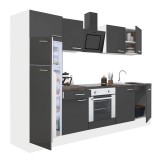 Leziter Yorki 270 konyhabútor fehér korpusz,selyemfényű antracit front alsó sütős elemmel felülfagyasztós hűtős szekrénnyel