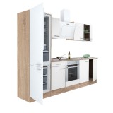 Leziter Yorki 270 konyhabútor sonoma tölgy korpusz,selyemfényű fehér front alsó sütős elemmel alulfagyasztós hűtős szekrénnyel