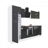 Leziter Yorki 280 konyhabútor fehér korpusz,selyemfényű antracit front alsó sütős elemmel felülfagyasztós hűtős szekrénnyel