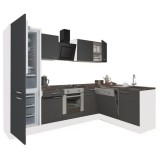 Leziter Yorki 280 sarok konyhabútor fehér korpusz,selyemfényű antracit front alsó sütős elemmel alulagyasztós hűtős szekrénnyel