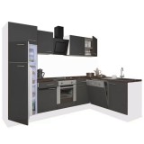 Leziter Yorki 280 sarok konyhabútor fehér korpusz,selyemfényű antracit front alsó sütős elemmel felülfagyasztós hűtős szekrénnyel