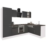 Leziter Yorki 280 sarok konyhabútor fehér korpusz,selyemfényű antracit front alsó sütős elemmel polcos szekrénnyel