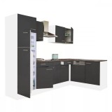 Leziter Yorki 280 sarok konyhabútor fehér korpusz,selyemfényű antracit fronttal felülfagyasztós hűtős szekrénnyel