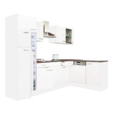 Leziter Yorki 280 sarok konyhabútor fehér korpusz,selyemfényű fehér fronttal felülfagyasztós hűtős szekrénnyel
