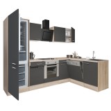 Leziter Yorki 280 sarok konyhabútor sonoma tölgy korpusz,selyemfényű antracit front alsó sütős elemmel alulagyasztós hűtős szekrénnyel