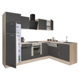 Leziter Yorki 280 sarok konyhabútor sonoma tölgy korpusz,selyemfényű antracit front alsó sütős elemmel felülfagyasztós hűtős szekrénnyel