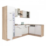 Leziter Yorki 280 sarok konyhabútor sonoma tölgy korpusz,selyemfényű fehér fronttal felülfagyasztós hűtős szekrénnyel