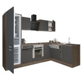 Leziter Yorki 280 sarok konyhabútor yorki tölgy korpusz,selyemfényű antracit front alsó sütős elemmel alulagyasztós hűtős szekrénnyel