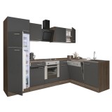 Leziter Yorki 280 sarok konyhabútor yorki tölgy korpusz,selyemfényű antracit front alsó sütős elemmel felülfagyasztós hűtős szekrénnyel