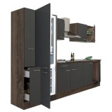 Leziter Yorki 300 konyhabútor yorki tölgy korpusz,selyemfényű antracit fronttal alulfagyasztós hűtős szekrénnyel