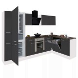 Leziter Yorki 310 sarok konyhabútor fehér korpusz,selyemfényű antracit front alsó sütős elemmel alulagyasztós hűtős szekrénnyel