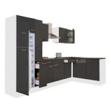 Leziter Yorki 310 sarok konyhabútor fehér korpusz,selyemfényű antracit fronttal felülfagyasztós hűtős szekrénnyel