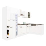 Leziter Yorki 310 sarok konyhabútor fehér korpusz,selyemfényű fehér fronttal felülfagyasztós hűtős szekrénnyel