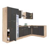 Leziter Yorki 310 sarok konyhabútor sonoma tölgy korpusz,selyemfényű antracit fronttal felülfagyasztós hűtős szekrénnyel