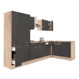 Leziter Yorki 310 sarok konyhabútor sonoma tölgy korpusz,selyemfényű antracit fronttal polcos szekrénnyel