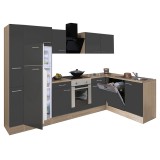 Leziter Yorki 310sarok konyhabútor sonoma tölgy korpusz,selyemfényű antracit front alsó sütős elemmel felülfagyasztós hűtős szekrénnyel