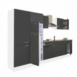 Leziter Yorki 330 konyhabútor fehér korpusz,selyemfényű antracit fronttal polcos szekrénnyel és felülfagyasztós hűtős szekrénnyel