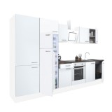 Leziter Yorki 330 konyhabútor fehér korpusz,selyemfényű fehér front alsó sütős elemmel polcos szekrénnyel és felülfagyasztós hűtős szekrénnyel