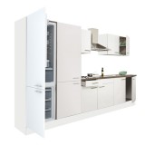 Leziter Yorki 330 konyhabútor fehér korpusz,selyemfényű fehér fronttal polcos szekrénnyel és alulfagyasztós hűtős szekrénnyel