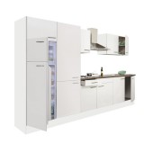 Leziter Yorki 330 konyhabútor fehér korpusz,selyemfényű fehér fronttal polcos szekrénnyel és felülfagyasztós hűtős szekrénnyel