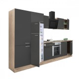 Leziter Yorki 330 konyhabútor sonoma tölgy korpusz,selyemfényű antracit front alsó sütős elemmel polcos szekrénnyel és felülfagyasztós hűtős szekrénnyel