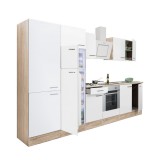 Leziter Yorki 330 konyhabútor sonoma tölgy korpusz,selyemfényű fehér front alsó sütős elemmel polcos szekrénnyel és felülfagyasztós hűtős szekrénnyel