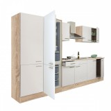 Leziter Yorki 330 konyhabútor sonoma tölgy korpusz,selyemfényű fehér fronttal polcos szekrénnyel és alulfagyasztós hűtős szekrénnyel