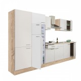 Leziter Yorki 330 konyhabútor sonoma tölgy korpusz,selyemfényű fehér fronttal polcos szekrénnyel és felülfagyasztós hűtős szekrénnyel