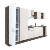 Leziter Yorki 330 konyhabútor yorki tölgy korpusz,selyemfényű fehér fronttal polcos szekrénnyel és alulfagyasztós hűtős szekrénnyel