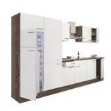 Leziter Yorki 330 konyhabútor yorki tölgy korpusz,selyemfényű fehér fronttal polcos szekrénnyel és felülfagyasztós hűtős szekrénnyel