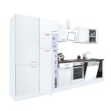 Leziter Yorki 340 konyhabútor fehér korpusz,selyemfényű fehér front alsó sütős elemmel polcos szekrénnyel és felülfagyasztós hűtős szekrénnyel