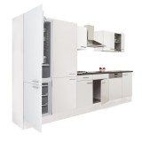 Leziter Yorki 340 konyhabútor fehér korpusz,selyemfényű fehér fronttal polcos szekrénnyel és alulfagyasztós hűtős szekrénnyel