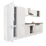 Leziter Yorki 340 konyhabútor fehér korpusz,selyemfényű fehér fronttal polcos szekrénnyel és alulfagyasztós hűtős szekrénnyel