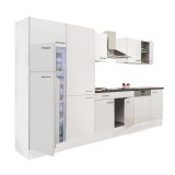 Leziter Yorki 340 konyhabútor fehér korpusz,selyemfényű fehér fronttal polcos szekrénnyel és felülfagyasztós hűtős szekrénnyel