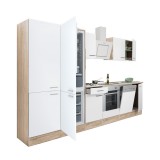 Leziter Yorki 340 konyhabútor sonoma tölgy korpusz,selyemfényű fehér front alsó sütős elemmel polcos szekrénnyel és alulfagyasztós hűtős szekrénnyel