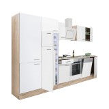 Leziter Yorki 340 konyhabútor sonoma tölgy korpusz,selyemfényű fehér front alsó sütős elemmel polcos szekrénnyel és felülfagyasztós hűtős szekrénnyel