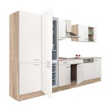 Leziter Yorki 340 konyhabútor sonoma tölgy korpusz,selyemfényű fehér fronttal polcos szekrénnyel és alulfagyasztós hűtős szekrénnyel