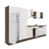 Leziter Yorki 340 konyhabútor yorki tölgy korpusz,selyemfényű fehér fronttal polcos szekrénnyel és felülfagyasztós hűtős szekrénnyel