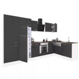 Leziter Yorki 340 sarok konyhabútor fehér korpusz,selyemfényű antracit front alsó sütős elemmel polcos szekrénnyel, felülfagyasztós hűtős szekrénnyel