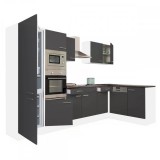 Leziter Yorki 340 sarok konyhabútor fehér korpusz,selyemfényű antracit fronttal alulagyasztós hűtős szekrénnyel