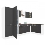 Leziter Yorki 340 sarok konyhabútor fehér korpusz,selyemfényű antracit fronttal polcos szekrénnyel és alulfagyasztós hűtős szekrénnyel