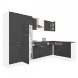 Leziter Yorki 340 sarok konyhabútor fehér korpusz,selyemfényű antracit fronttal polcos szekrénnyel és felülfagyasztós hűtős szekrénnyel
