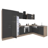 Leziter Yorki 340 sarok konyhabútor sonoma tölgy korpusz,selyemfényű antracit front alsó sütős elemmel polcos szekrénnyel, felülfagyasztós hűtős szekrénnyel