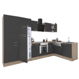 Leziter Yorki 340 sarok konyhabútor sonoma tölgy korpusz,selyemfényű antracit front alsó sütős elemmel polcos szekrénnyel, felülfagyasztós hűtős szekrénnyel