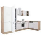 Leziter Yorki 340 sarok konyhabútor sonoma tölgy korpusz,selyemfényű fehér front alsó sütős elemmel polcos szekrénnyel, alulfagyasztós hűtős szekrénnyel